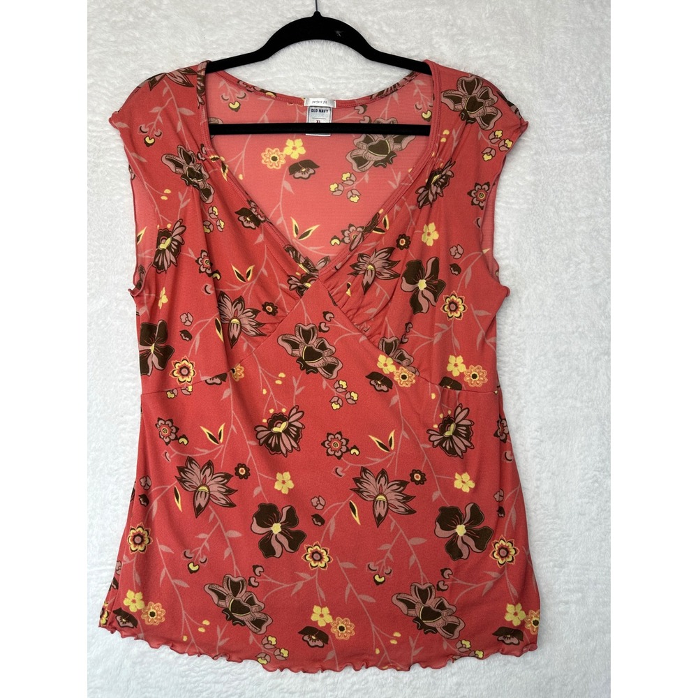 Old Navy Floral Surplice Top Womens XL Coral Pink Sleeveless Lettuce Hem
